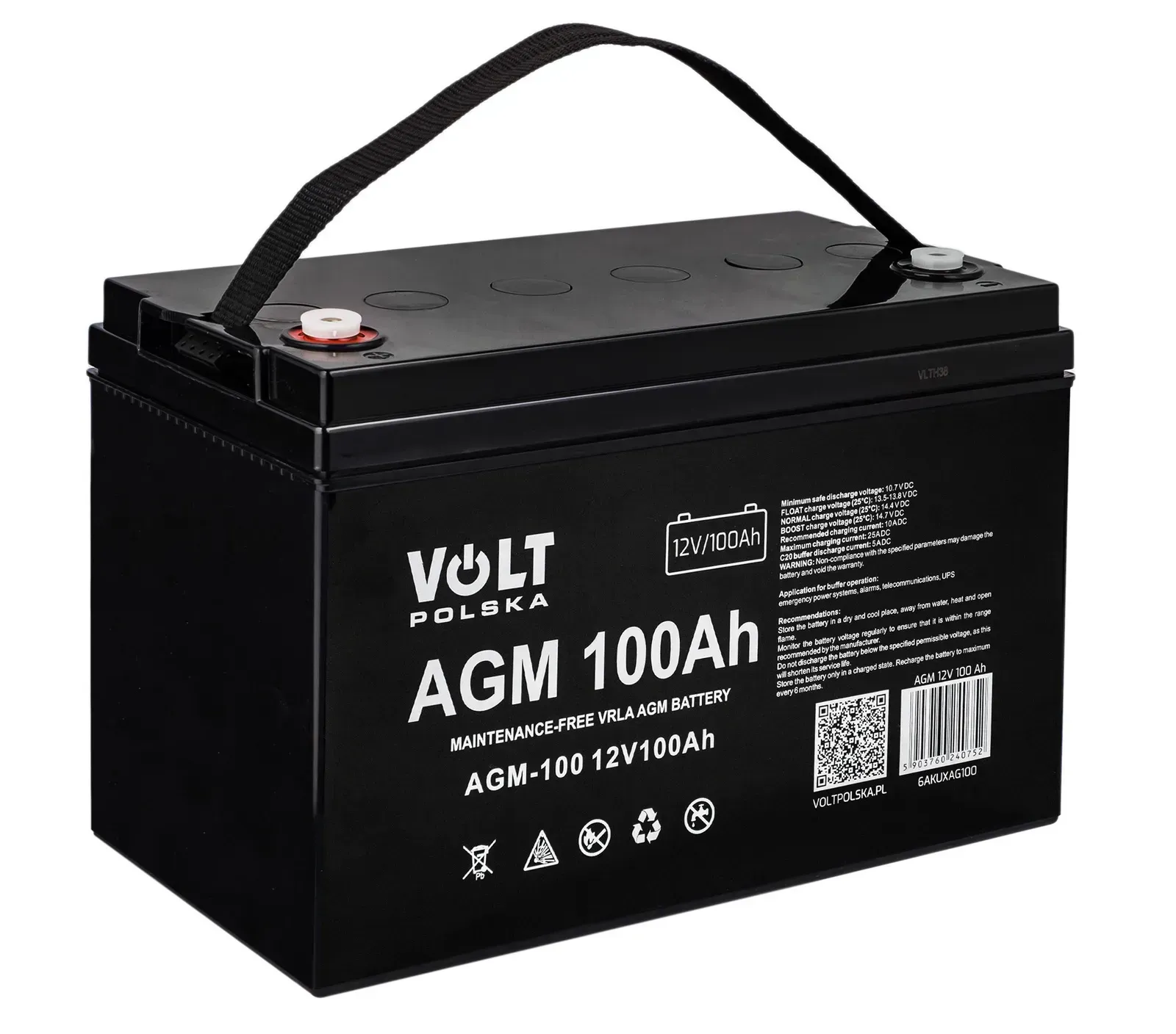 Акумулятор Volt Polska AGM VRLA 12В 100А·год (6AKUXAG100) — акумуляторна батарея для ДБЖ, інвертора та систем резервного живлення